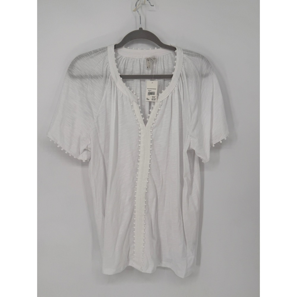 Cato Top Women 18/20W White NWT Pom Pom Trim Split Neck Cotton Modal Slub